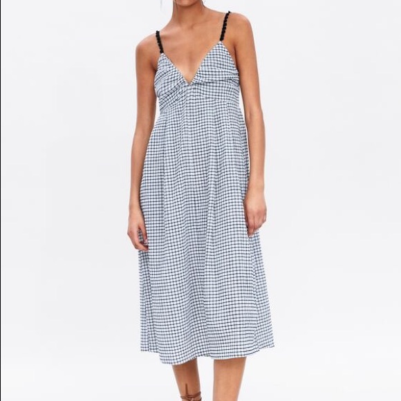 Zara Black and White Plaid Midi Sundress with Pompom Straps - Picture 1 of 9